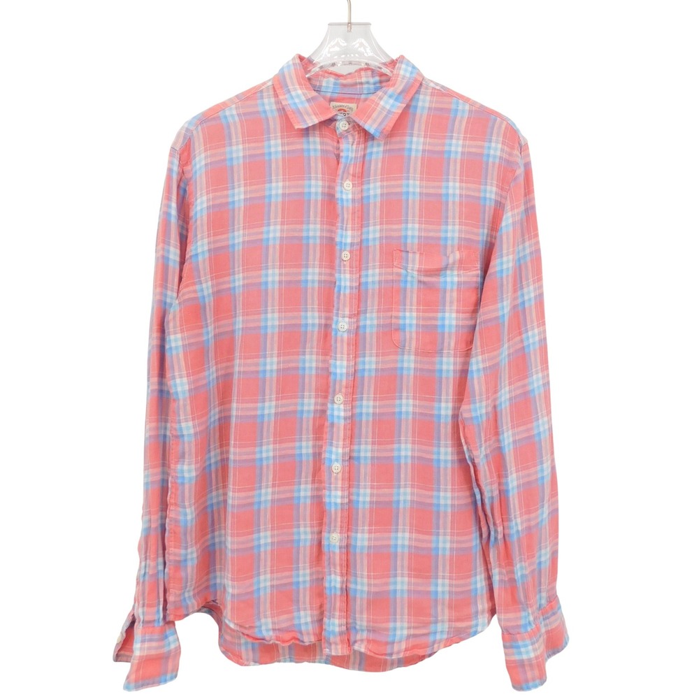 Faherty‎ Brand Linen Laguna Shirt Mens Medium Coral Seas Plaid Button Down Pink